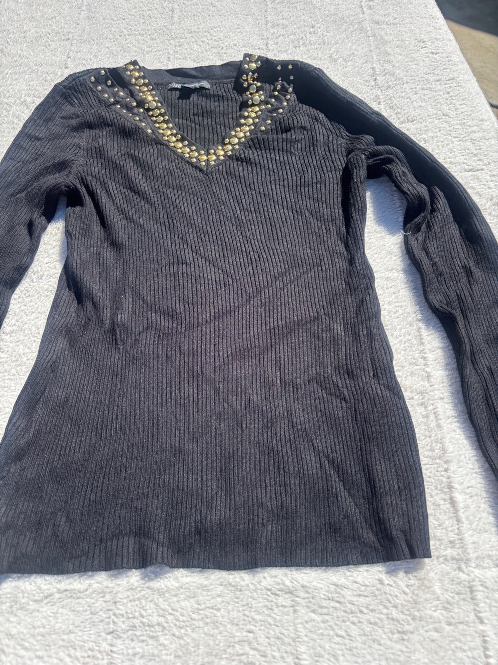 INC International Concepts Black Ribbed V-Neck Sweater with Gold Studs